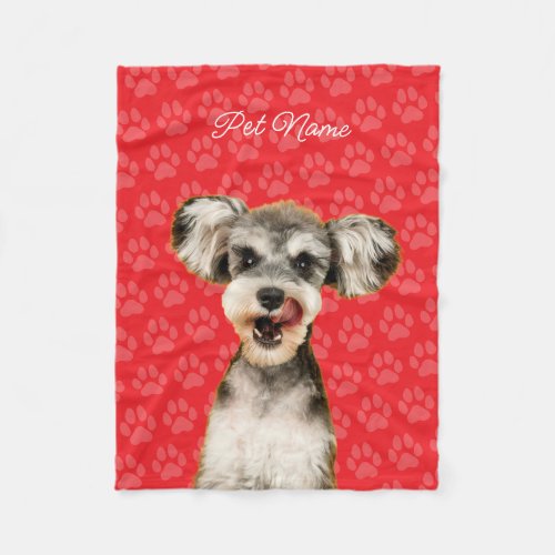 Custom Dog Cat Portrait Pet Photo Paw Name Red Fleece Blanket