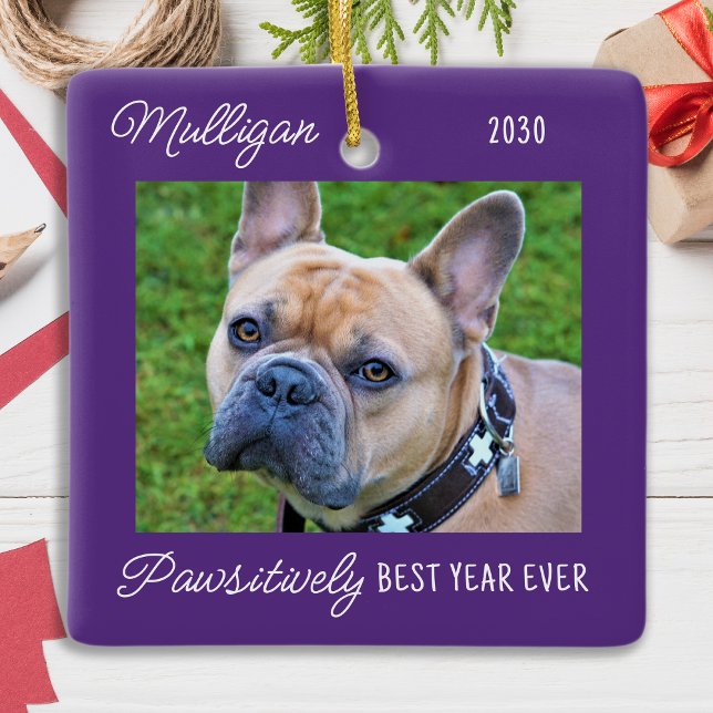 Custom Dog Christmas Year In Review Pet Photo Ceramic Ornament (Creator Uploaded)