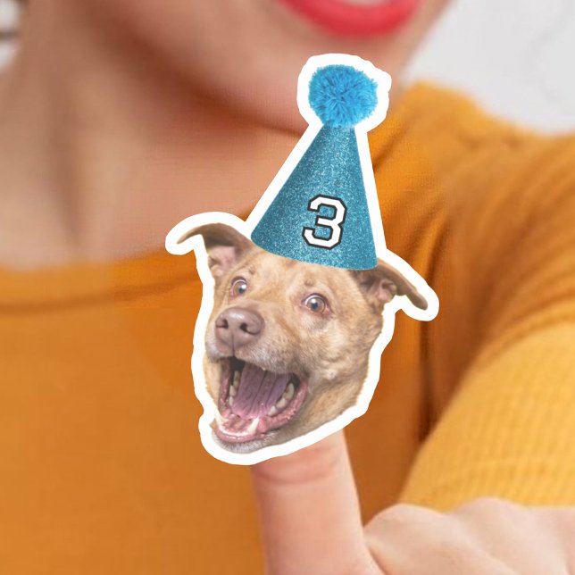 Custom Dog Face Photo With Age Party Hat Birthday Sticker (Creator Uploaded)