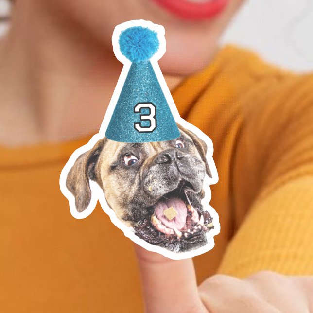 Custom Dog Face Photo With Age Party Hat Birthday Sticker (Creator Uploaded)