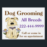 Custom Dog Groomer Yard Sign<br><div class="desc">Offering dog grooming services at home or at your animal business? Advertise with this eye catching yard sign, with graphics of a cute mixed breed dog holding a bone. Bold brown and purple text is ready to personalize for your pet business. Design and text are the same on both side...</div>