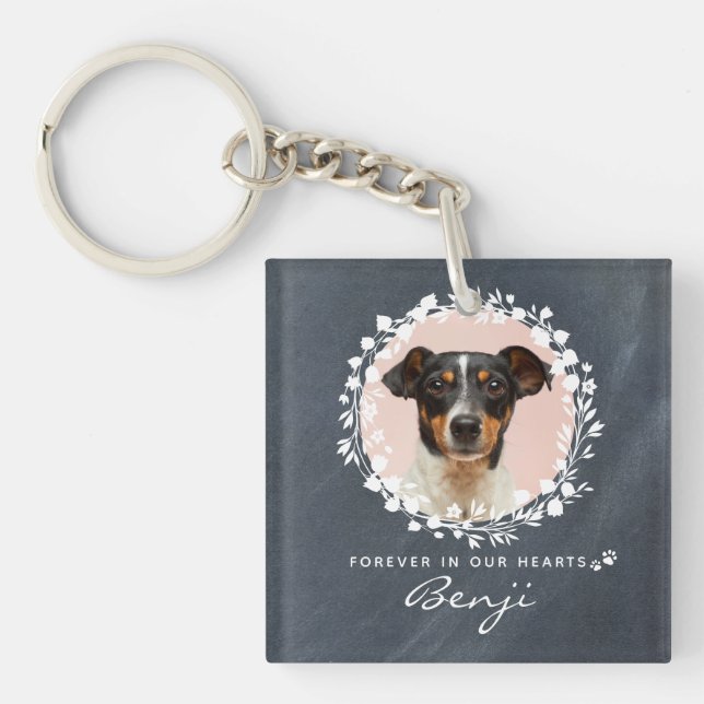 Custom Dog Memorial Pet Loss Keepsake Photo Wreath Keychain (Front)