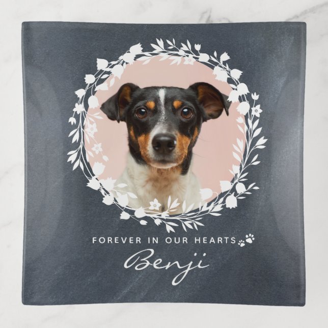 Custom Dog Memorial Pet Loss Keepsake Photo Wreath Trinket Tray (Front)