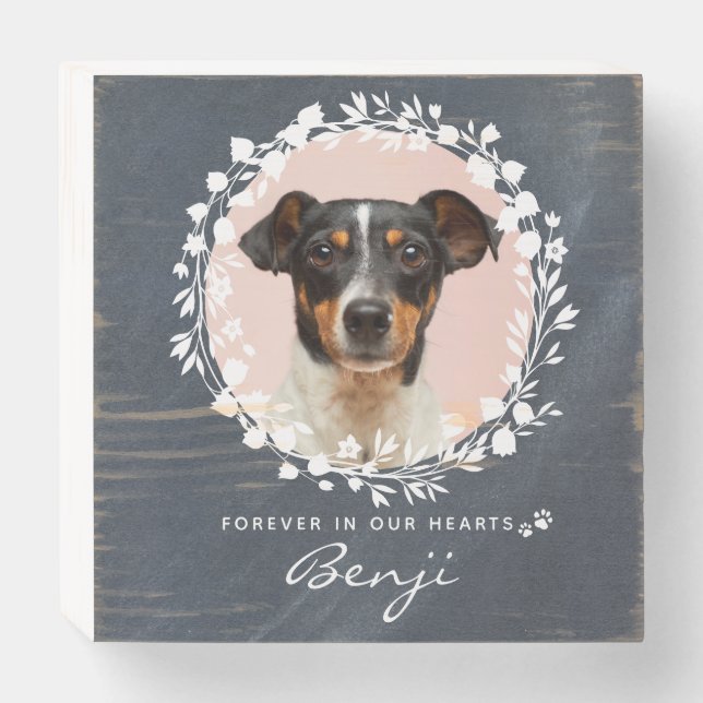 Custom Dog Memorial Pet Loss Keepsake Photo Wreath Wooden Box Sign (Front Horizontal)