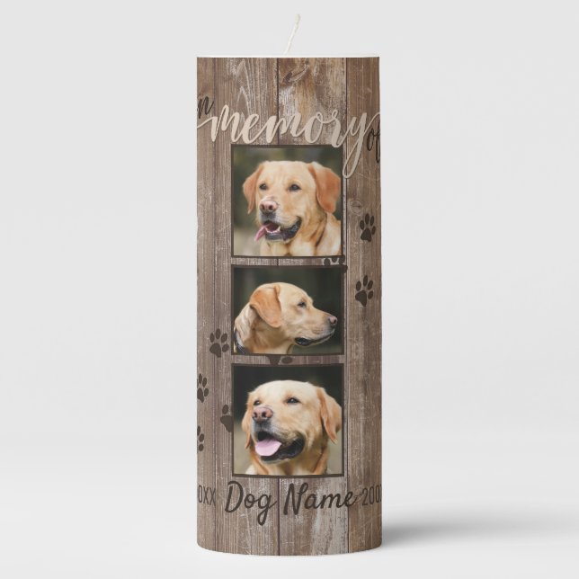 Custom Dog Memorial Rustic Wood Look Pillar Candle (Front)