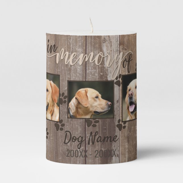 Custom Dog Memorial Rustic Wood Look Pillar Candle (Front)