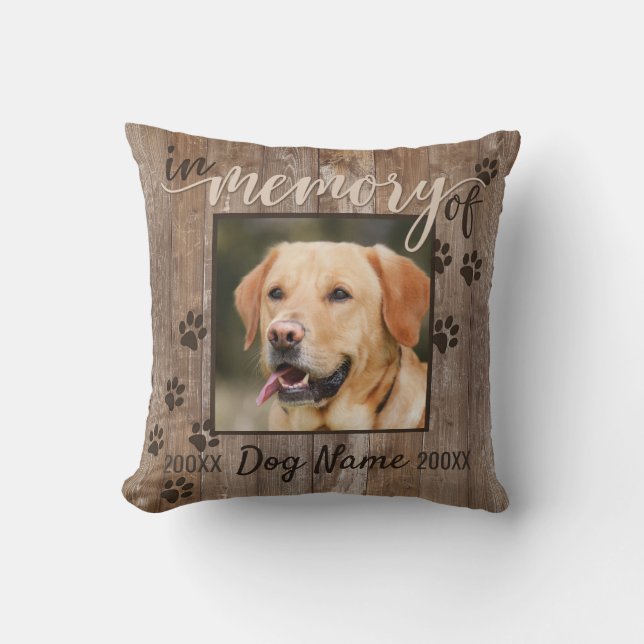 Custom Dog Memorial Rustic Wood Look Throw Pillow (Front)
