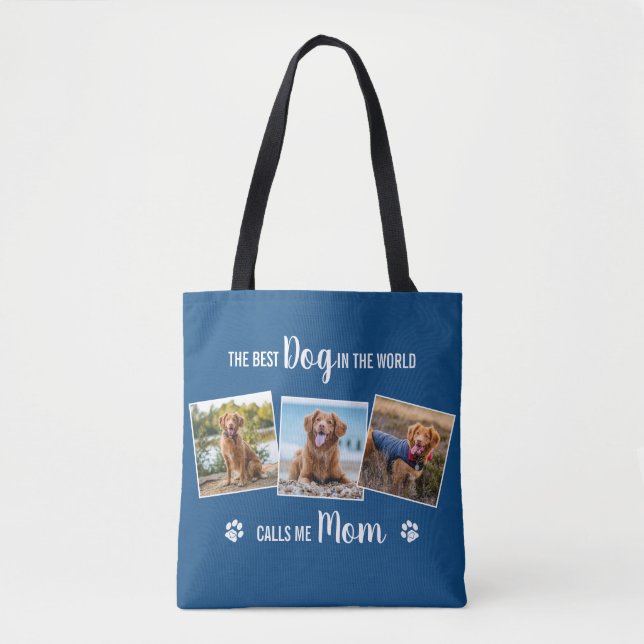 Custom Dog Mom Blue Photo Collage Tote Bag (Front)