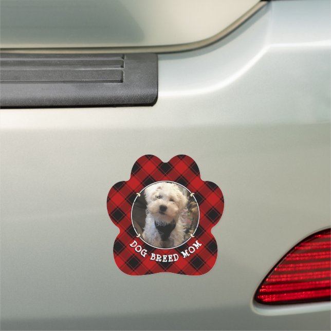 Custom Dog Mom Dad Photo Red & Black Plaid Car Magnet (In Situ)