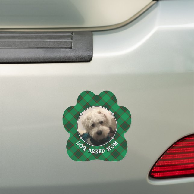 Custom Dog Mom Dad Photo Red & Green Plaid Car Magnet (In Situ)