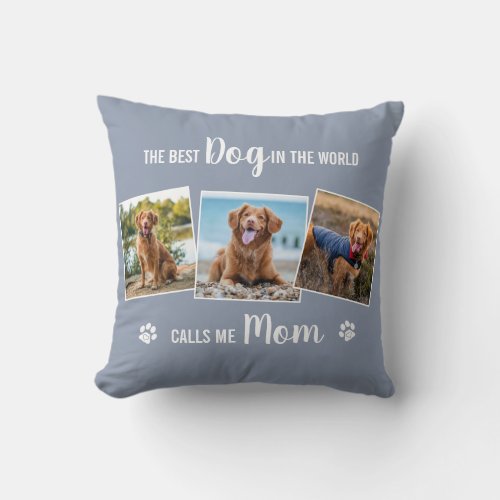Custom Dog Mom Gray Photo Collage Throw Pillow