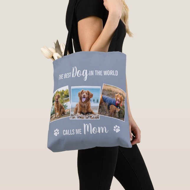 Custom Dog Mom Gray Photo Collage Tote Bag (Close Up)