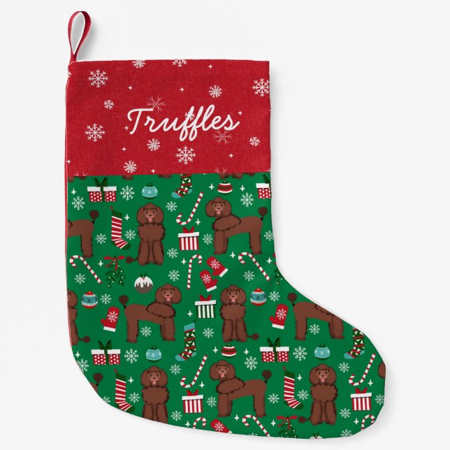 Custom dog name brown poodle small christmas stocking (Front)