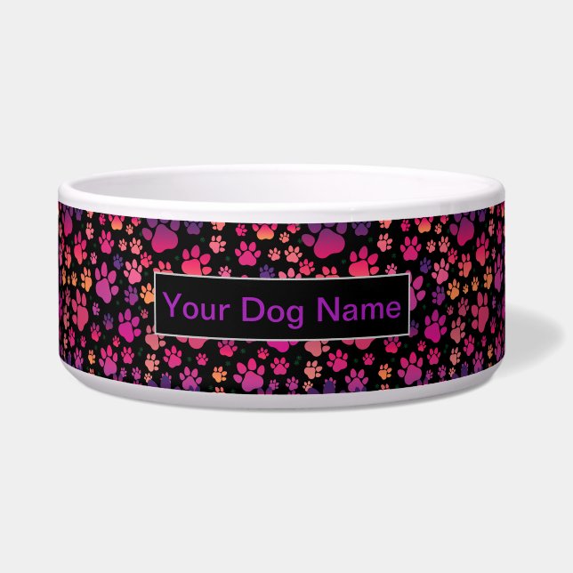Custom Dog Name colorful Paw Pattern Bowl (Front)