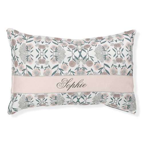 Custom Dog Name Dusty Coral And Green Floral Pet Bed