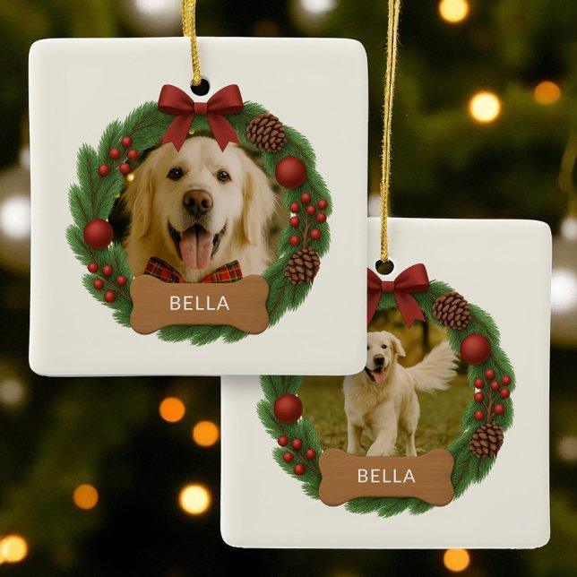 Custom Dog Name Holiday Christmas Photo Wreath Ceramic Ornament (Creator Uploaded)