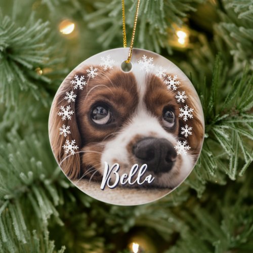 Custom Dog Name Photo Snowflakes Christmas  Ceramic Ornament