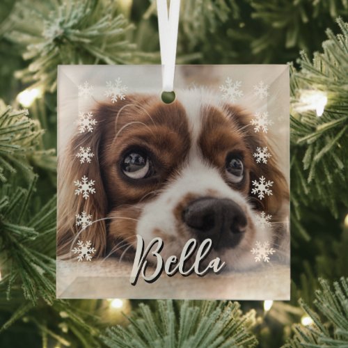 Custom Dog Name Photo Snowflakes Christmas  Glass Ornament