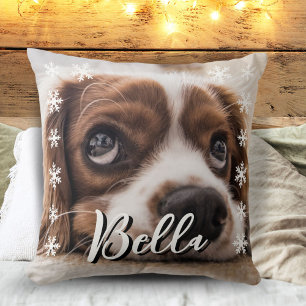 Custom Dog Name Photo Snowflakes Christmas Throw Pillow