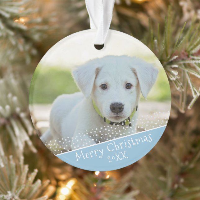 Custom Dog Pet Blue Photo Christmas Keepsake Ornament (Tree)