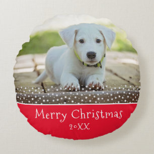 Custom Dog Pet Photo Christmas Holiday Keepsake Round Pillow