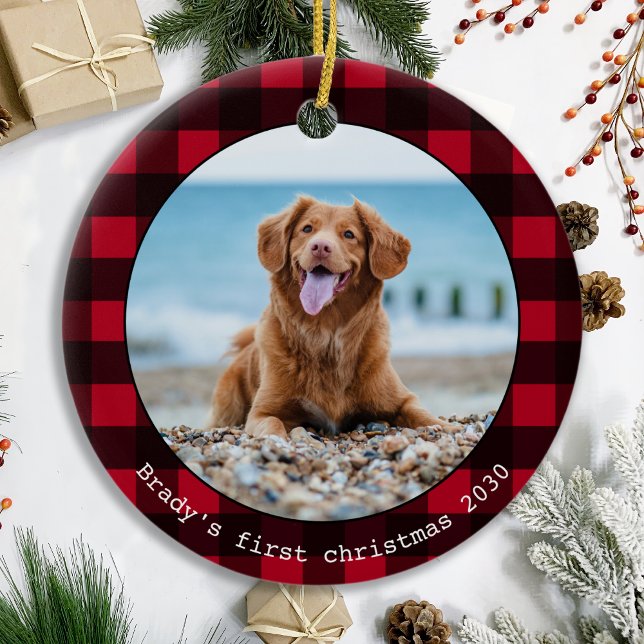 Custom Dog Pet Photo Christmas Red Buffalo Plaid  Ceramic Ornament (Creator Uploaded)