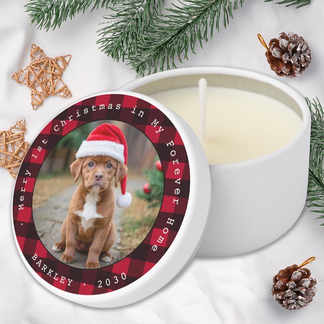 Custom Dog Pet Photo Christmas Red Buffalo Plaid  Mini Candle Favors (Creator Uploaded)