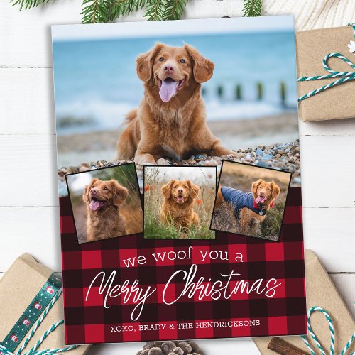 Custom Dog Pet Photo Collage Red Buffalo Plaid Holiday Postcard