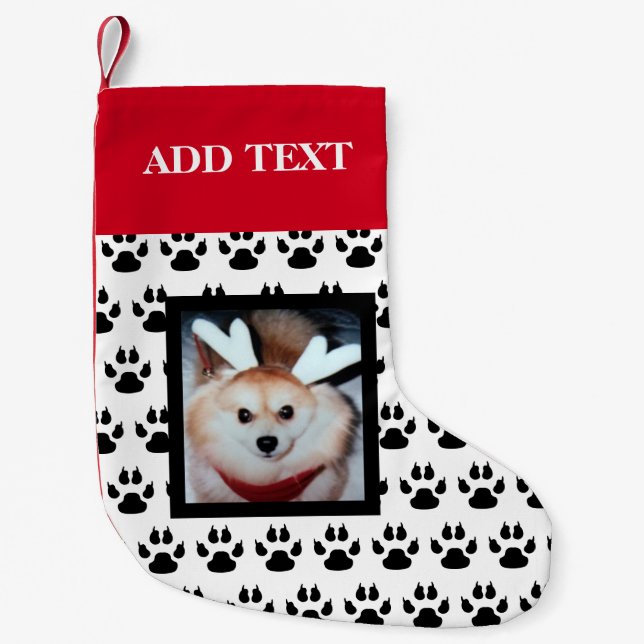 Custom Dog Pet Photo Cute Pomeranian Paw Prints Small Christmas Stocking (Front)