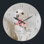 Custom Dog Pet Photo White Numbers Large Clock<br><div class="desc">Easily create a gorgeous pet gift with this beautiful photo clock. Edit the name and birth date with your required details and upload your favorite photo. This photo is for demonstration purposes only. Custom Dog Pet Photo White Numbers Large Clock.</div>