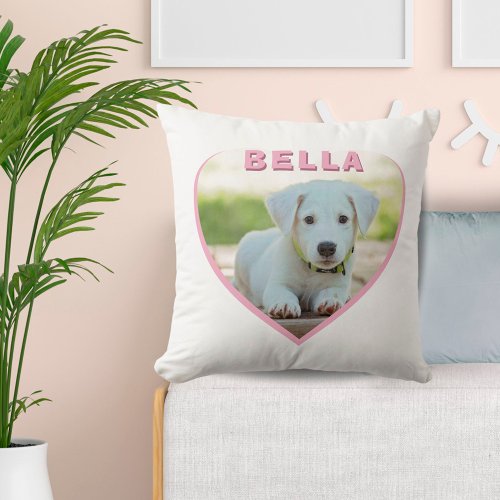 Custom Dog Photo and Name in Pink Heart Throw Pillow