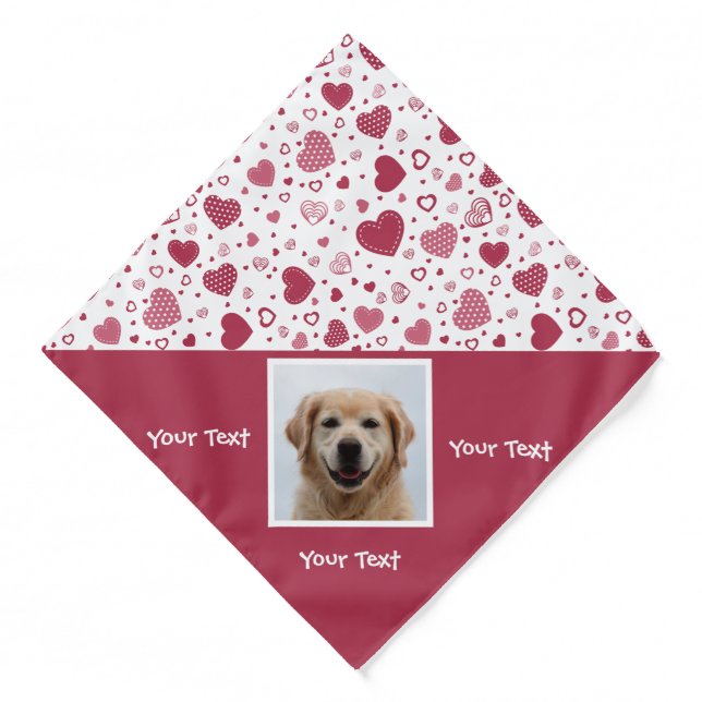 Custom Dog Photo and Text Red Heart Pattern Bandana (Front)