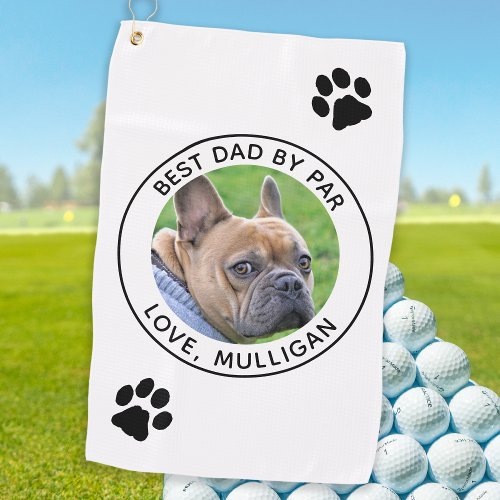 Custom Dog Photo Best Dad By Par Black White Golf Towel