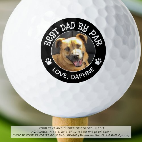 Custom Dog Photo BEST DAD BY PAR Monogram Pawprint Golf Balls