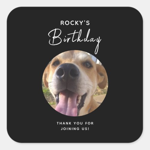 Custom Dog Photo Birthday Party Black Thank You  Square Sticker