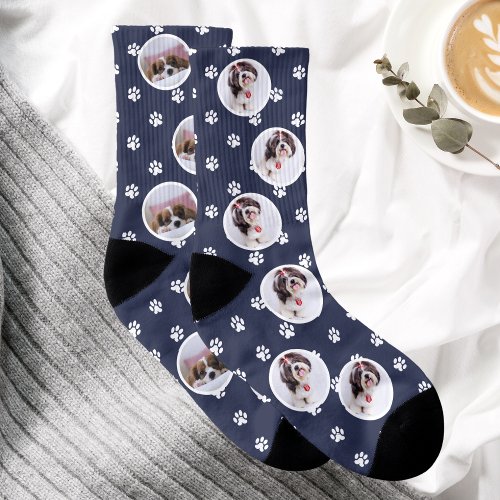 Custom Dog Photo Blue Paw Print Socks