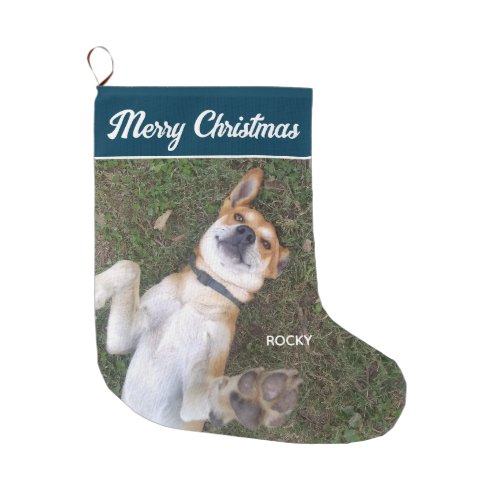 Custom Dog Photo Blue White Script Personalized  Large Christmas Stocking