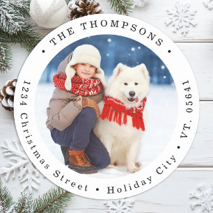 Custom Dog Photo Christmas Card Return Address  Classic Round Sticker