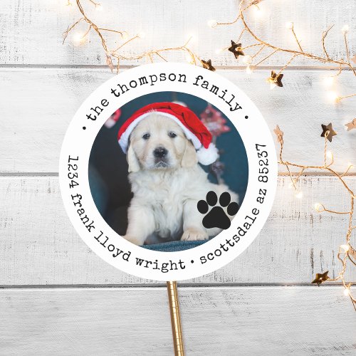 Custom Dog Photo Christmas Card Return Address Classic Round Sticker