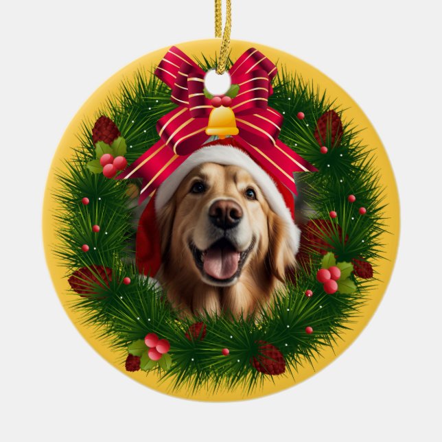 Custom Dog Photo Christmas Wreath Gold Ceramic Ornament (Front)