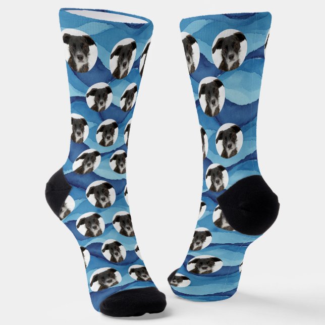Custom Dog Photo Coastal and Moody Blues Socks (Angled)