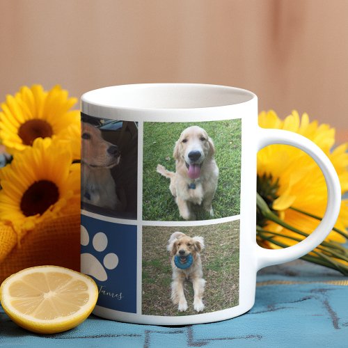 Custom Dog Photo Collage Blue Paw Print Cute Coffee Mug