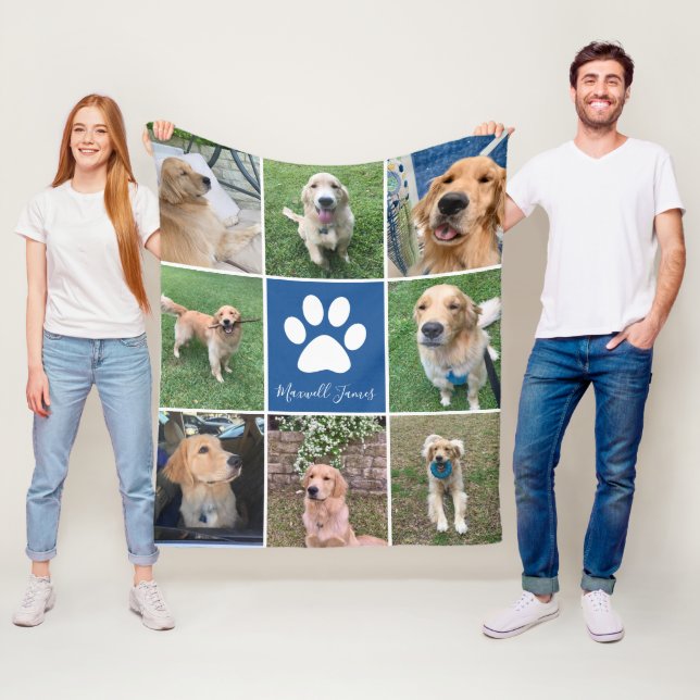 Custom Dog Photo Collage Blue Pet Paw Print Cute Fleece Blanket (In Situ)