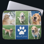 Custom Dog Photo Collage Blue Pet Paw Print Cute Laptop Sleeve<br><div class="desc">This beautiful custom dog photo collage laptop sleeve is personalized with adorable pictures of your sweet pup. Customize this chic gift with your favorite 5 pet photographs around a cute blue square with a pretty white paw print and your dog's name in the center.</div>