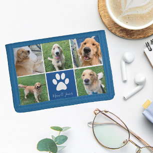 Custom Dog Photo Collage Blue Pet Paw Print Cute Tri-fold Wallet