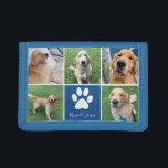 Custom Dog Photo Collage Blue Pet Paw Print Cute Trifold Wallet<br><div class="desc">This beautiful custom dog photo collage wallet  is personalized with adorable pictures of your sweet pup. Customize this personalized gift with your favorite 5 pet photographs around a cute blue square with a pretty white paw print and your dog's name in the center.</div>