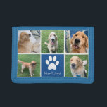 Custom Dog Photo Collage Blue Pet Paw Print Cute Trifold Wallet<br><div class="desc">This beautiful custom dog photo collage wallet  is personalized with adorable pictures of your sweet pup. Customize this personalized gift with your favorite 5 pet photographs around a cute blue square with a pretty white paw print and your dog's name in the center.</div>