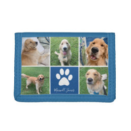 Custom Dog Photo Collage Blue Pet Paw Print Cute Trifold Wallet