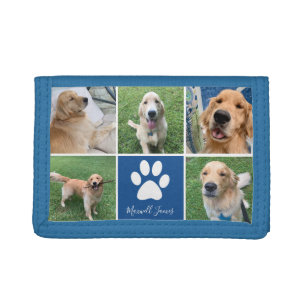 Custom Dog Photo Collage Blue Pet Paw Print Cute Trifold Wallet