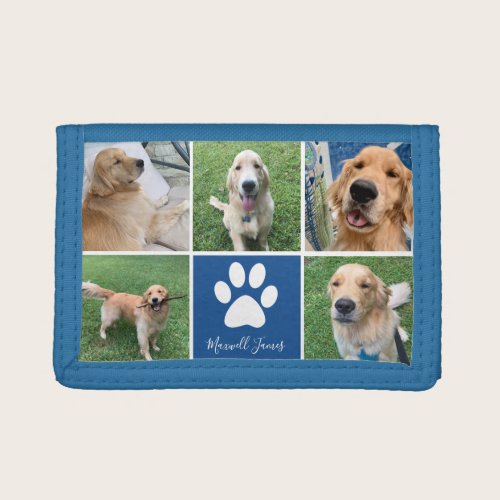 Custom Dog Photo Collage Blue Pet Paw Print Cute Trifold Wallet